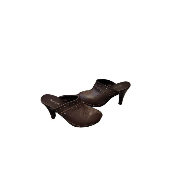 Vintage Spiegel Brown Leather Studded Wood High Heel Clogs Size 6 - Picture 1 of 8